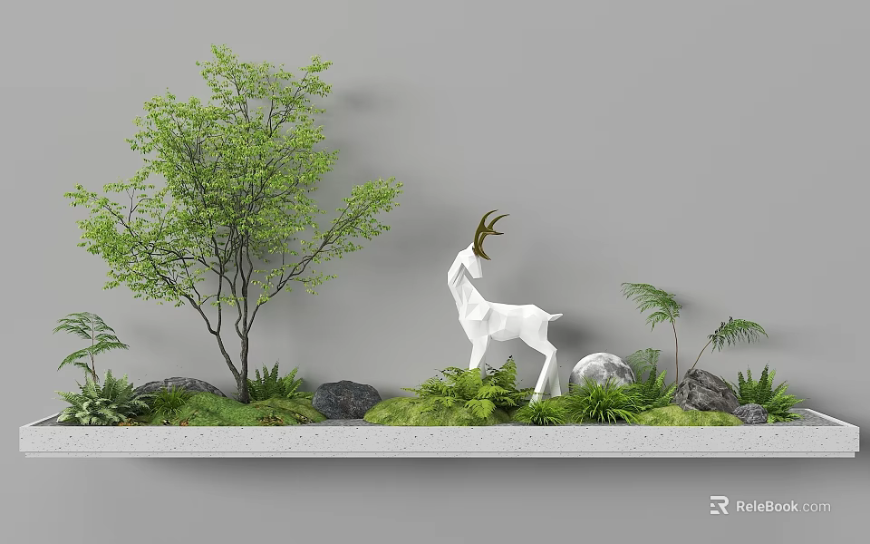 Garden Landscape Design With Deer Sculpture Green Trees And Stones 3d model 