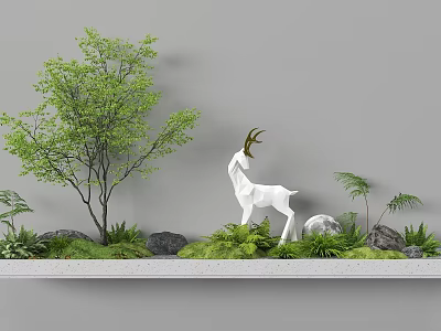 Garden Landscape Design With Deer Sculpture Green Trees And Stones 3d model