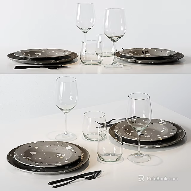 Modern Dinnerware Set with Dark Plates White Spots Wine Glasses and Tumblers on White Table 3d model 