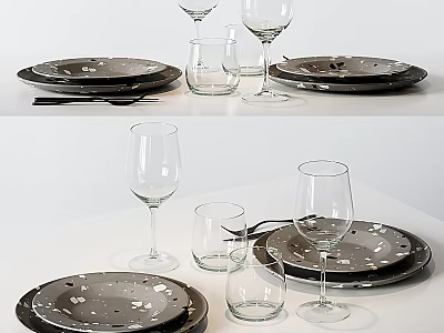 Modern Dinnerware Set with Dark Plates White Spots Wine Glasses and Tumblers on White Table 3d model
