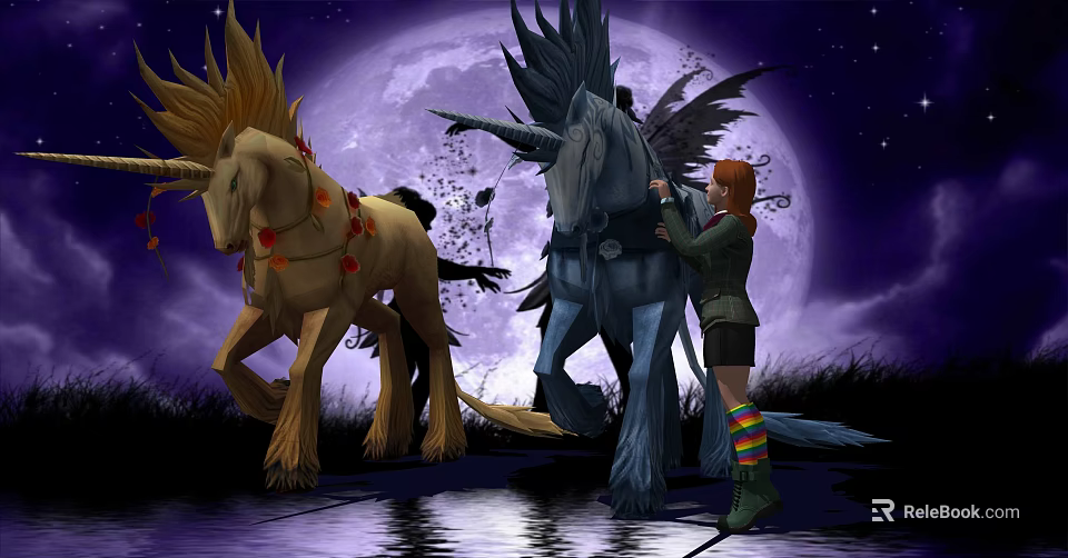 Red Haired Girl Standing By Mythical Creatures Under Full Moon Starry Sky With Water Reflection 3d model 