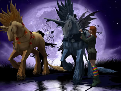 Red Haired Girl Standing By Mythical Creatures Under Full Moon Starry Sky With Water Reflection 3d model
