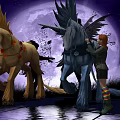Red Haired Girl Standing By Mythical Creatures Under Full Moon Starry Sky With Water Reflection
