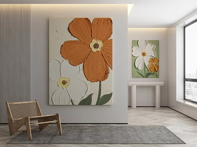 Modern Plant Paintings With Orange White Flowers And Green Leaves For Interior Decor 3d model