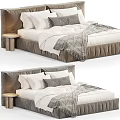 Modern Pleated Linen Upholstered Double Bed With Cozy Bedding And Minimalist Wooden Round Side Table