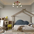 Cozy Kids Room With House Shaped Bed Blue Cloud Headboard Yellow Chair And Easel