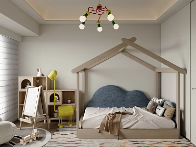 Cozy Kids Room With House Shaped Bed Blue Cloud Headboard Yellow Chair And Easel 3d model