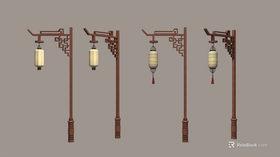 Chinese Style Wooden Lamp Post Furniture With Carvings And Beige Lanterns With Tassels 3d model 