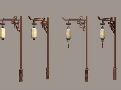 Chinese Style Wooden Lamp Post Furniture With Carvings And Beige Lanterns With Tassels 3d model