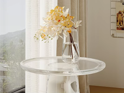 Decorative Ornament Set With Transparent Vase Yellow White Orchids On Round Glass Table Mountain View 3d model