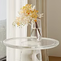Decorative Ornament Set With Transparent Vase Yellow White Orchids On Round Glass Table Mountain View