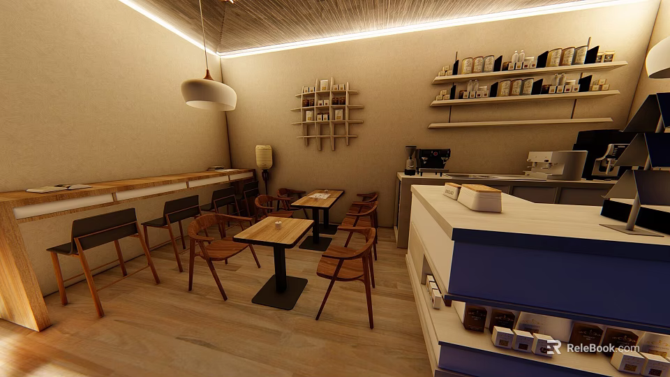 Cozy Modern Tea House Interior Design With Wooden Tables Chairs And Shelves 3d model 