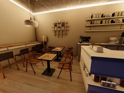 Cozy Modern Tea House Interior Design With Wooden Tables Chairs And Shelves 3d model