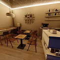 Cozy Modern Tea House Interior Design With Wooden Tables Chairs And Shelves