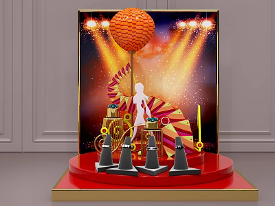 Decorative Display Stand With Red Base Gold Frame And Orange Sphere Lighting Effects 3d model