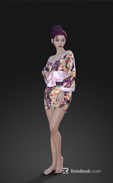 Elegant Woman Wearing Stylish Floral Pattern Dress With Pink Bow Design 3d model 
