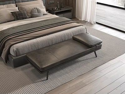 Stylish Bedroom Interior Featuring Comfortable Bed Accent Pillows Bench Rug Window Curtains And Wooden Floor 3d model
