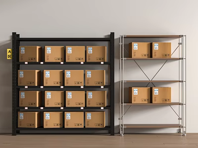 Two Metal Storage Racks with Cardboard Boxes on Multiple Organized Layers 3d model