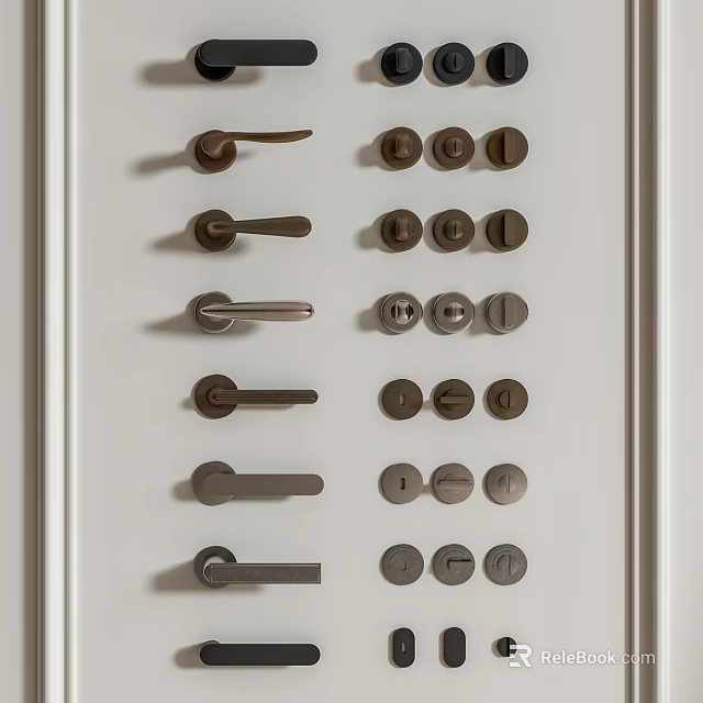 Various Modern Cabinet Handles With Different Shapes And Metal Finishes On White Panel 3d model 