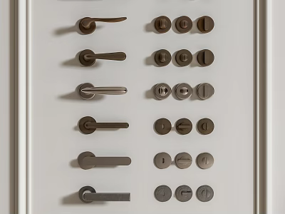Various Modern Cabinet Handles With Different Shapes And Metal Finishes On White Panel 3d model