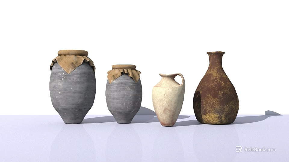 Vintage Clay Pots With Cloth Covers Various Shapes And Colors For Home Living 3d model 
