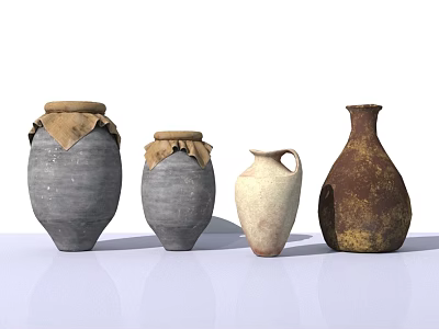 Vintage Clay Pots With Cloth Covers Various Shapes And Colors For Home Living 3d model