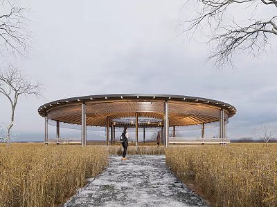 Scenic Circular Open Air Pavilion With Person Walking On Path In Wheat Field 3d model