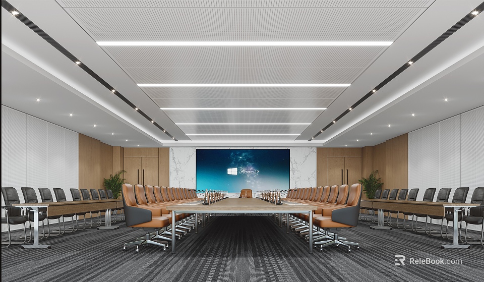 Spacious Modern Conference Room With Long Table Leather Chairs Large Screen And Ceiling Lights 3d model 