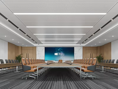 Spacious Modern Conference Room With Long Table Leather Chairs Large Screen And Ceiling Lights 3d model
