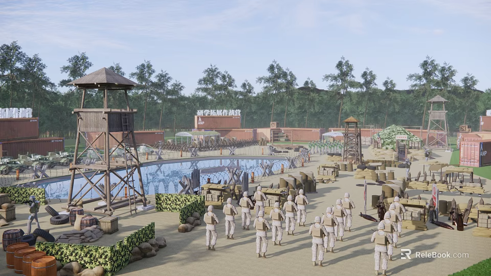 Military Training Base Scene With Soldiers Marching Watchtowers And Facilities 3d model 