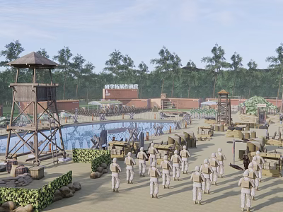 Military Training Base Scene With Soldiers Marching Watchtowers And Facilities 3d model