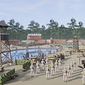 Military Training Base Scene With Soldiers Marching Watchtowers And Facilities