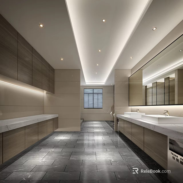 Modern Public Restroom Interior With Long Layout Marble Washbasins Large Mirrors And Recessed Lighting 3d model 