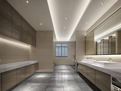 Modern Public Restroom Interior With Long Layout Marble Washbasins Large Mirrors And Recessed Lighting 3d model