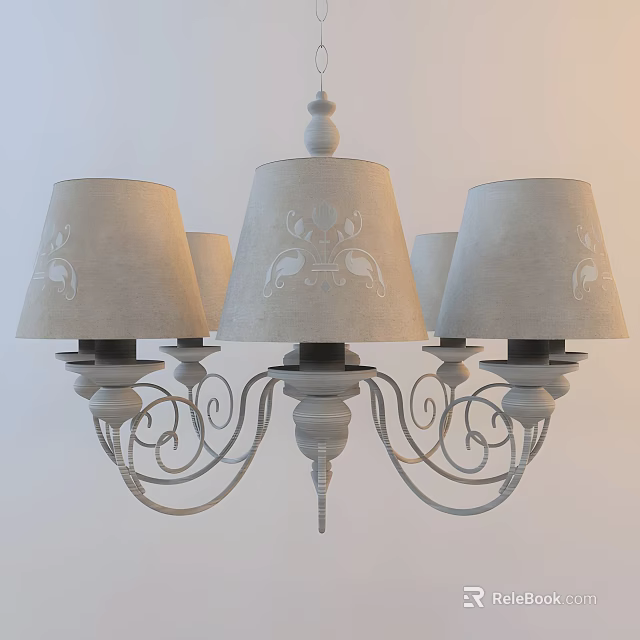 Vintage Fabric Shade Chandelier With Embroidered Patterns And White Metal Curved Frame 3d model 