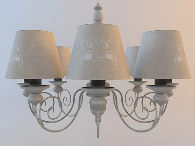 Vintage Fabric Shade Chandelier With Embroidered Patterns And White Metal Curved Frame 3d model