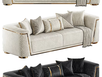 Elegant Modern Two-Seater Sofa with Beige Velvet Upholstery Golden Trim Decorative Pillows and Throw Blanket 3d model