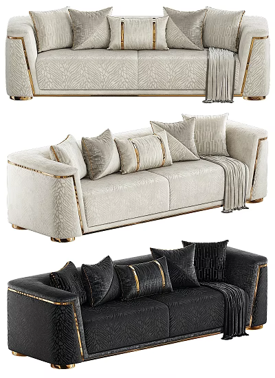 Elegant Modern Two-Seater Sofa with Beige Velvet Upholstery Golden Trim Decorative Pillows and Throw Blanket 3d model