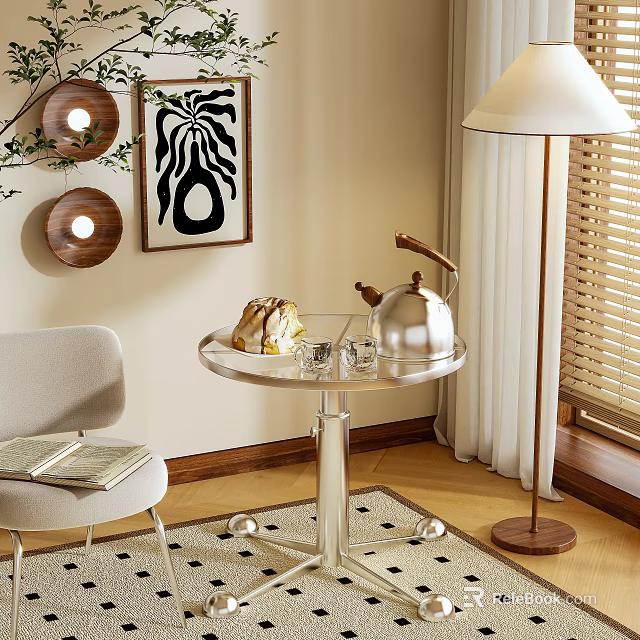 Modern Side Table With Glass Top Metal Frame And Accent Chair Wall Art Floor Lamp 3d model 