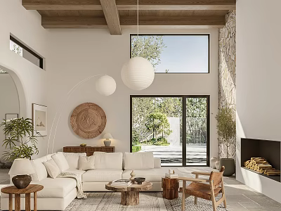 Modern Living Room With Wooden Beams White Pendant Lights Stone Fireplace And Floor To Ceiling Windows 3d model