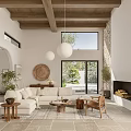 Modern Living Room With Wooden Beams White Pendant Lights Stone Fireplace And Floor To Ceiling Windows