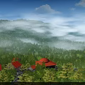 Serene Misty Mountain Forest Scenery With Nestled Red Roof Buildings Under Bright Fresh Blue Sky