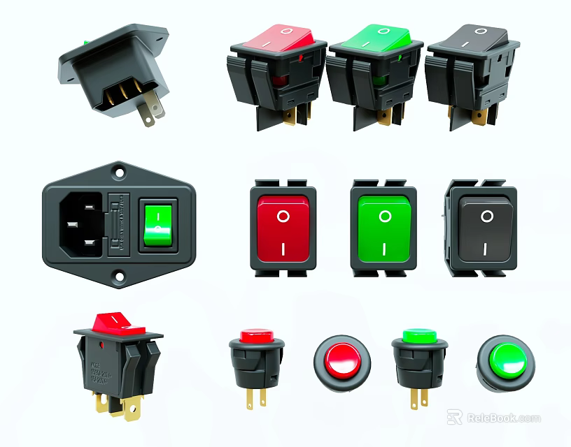 Various Switch Panels with Red Green Black Buttons Sockets and Indicator Lights 3d model 