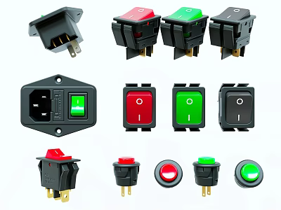 Various Switch Panels with Red Green Black Buttons Sockets and Indicator Lights 3d model