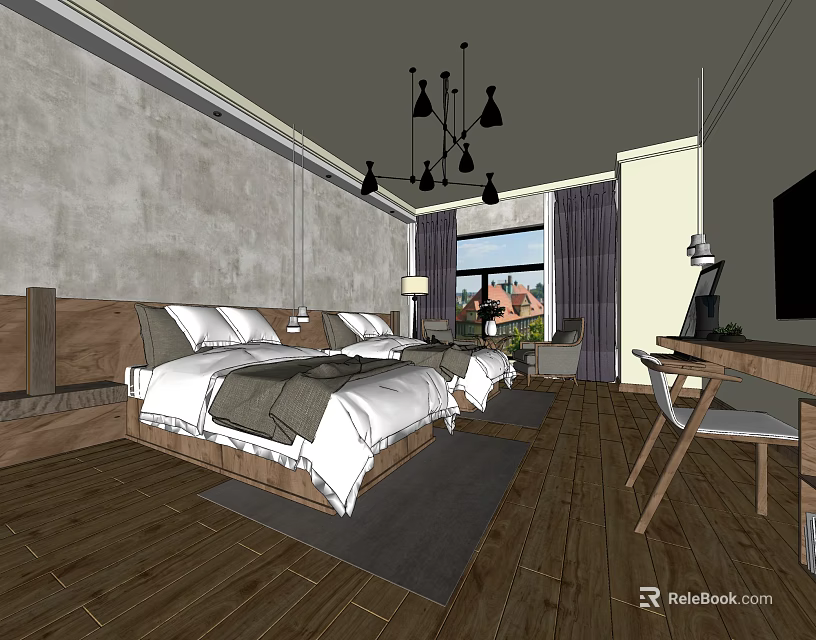 Modern Hotel Room Interior With Wooden Floor Gray Wall Bed And Chandelier 3d model 
