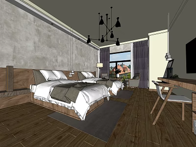 Modern Hotel Room Interior With Wooden Floor Gray Wall Bed And Chandelier 3d model