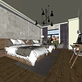 Modern Hotel Room Interior With Wooden Floor Gray Wall Bed And Chandelier