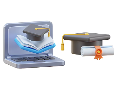 Innovative Electronic Laptop for Online Learning with Open Book Graduation Cap and Diploma 3d model