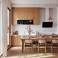 Modern Dining Area With Pendant Light Wooden Cabinets Dining Table Chairs Large Windows Natural Light