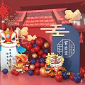 Lion Dance Inflatable Decorations with Chinese Knots Auspicious Clouds Fu Character and Balloons